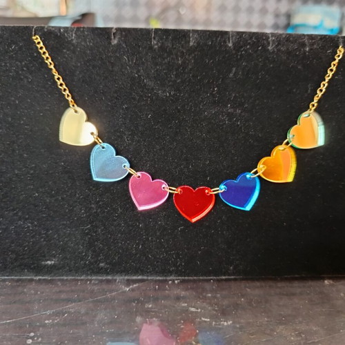 Choker necklace with colorful plexiglass hearts