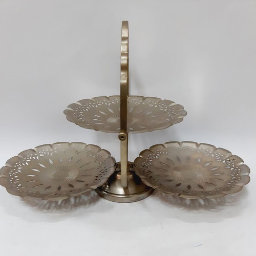 Vintage triple cake stand chrome plated with engraved plates foldable