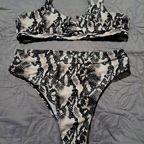 Bikini set high-waisted snake skin used, Push Up, black and beige