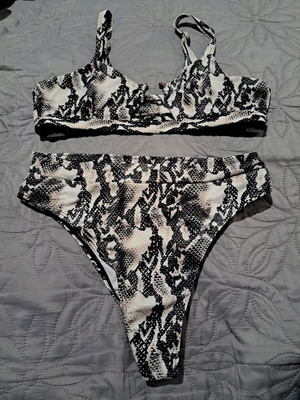 Bikini set high-waisted snake skin used, Push Up, black and beige