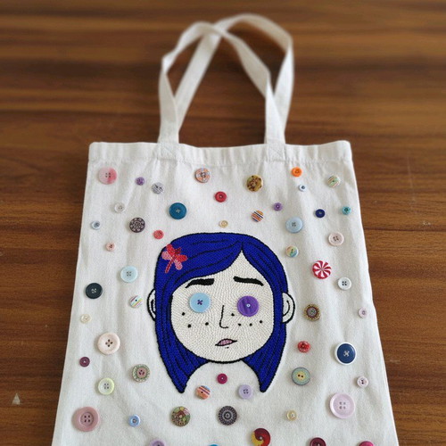 Handmade cotton shoulder bag with embroidered Coraline face and buttons beige