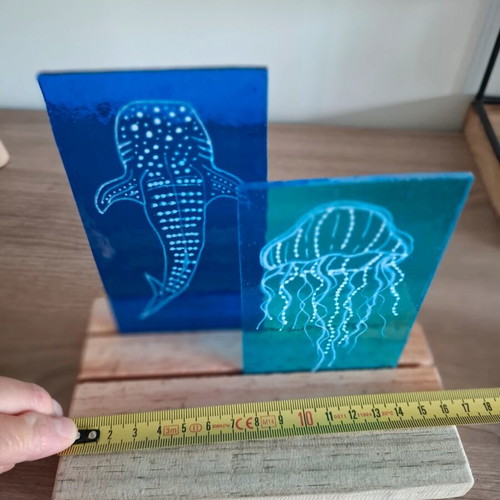 Whale Shark and Jellyfish Glass Suncatcher with Wooden Holder