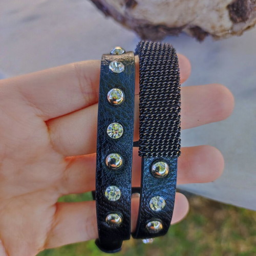 Bracelet with rhinestones and studs, like new, black leather