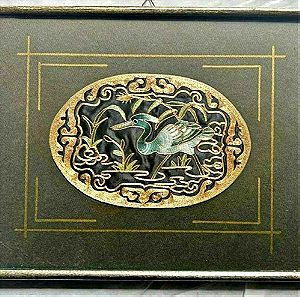 Παλαιό χειροποίητος πίνακας με χρυσό κέντημα και θέμα εξωτικό πουλί, λαϊκή οικοτεχνία