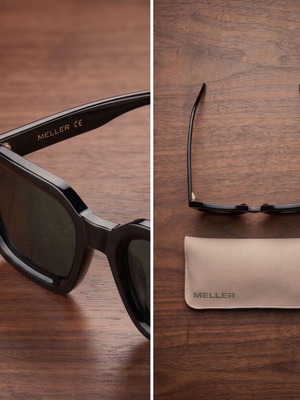 Meller sunglasses unisex, glossy black geometric frame with genuine case