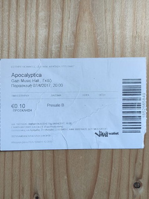 Apocalyptica ticket from Gazi Music Hall 7-4-2017 like new