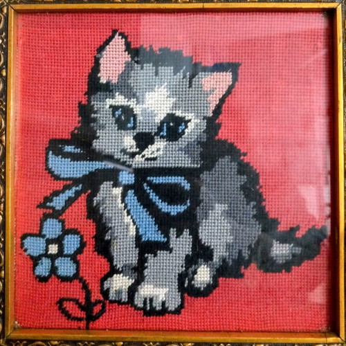 Vintage embroidered cat painting with frame and glass, like new