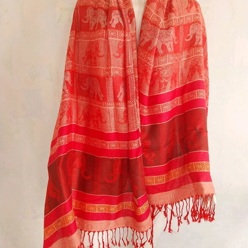 Indian cashmere scarf used, red and pink shades with elephants