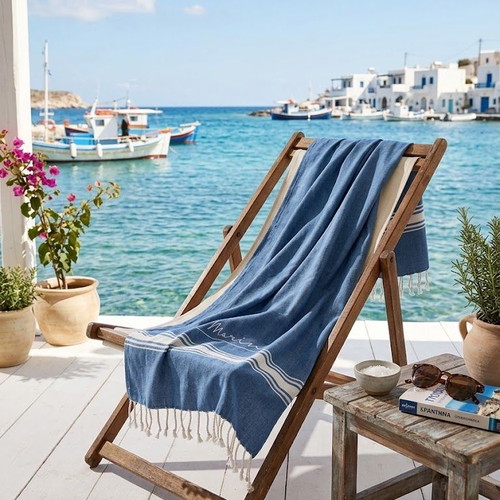 Cotton beach towels pareo blue with fringes 2 pieces 180x90cm
