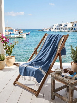 Cotton beach towels pareo blue with fringes 2 pieces 180x90cm