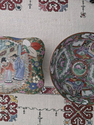 Porcelain bowl and famille rose container with Chinese designs like new