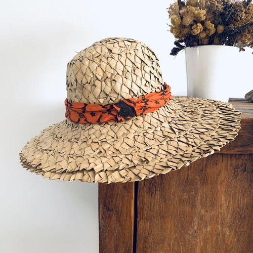 Frankie Morello handmade bamboo hat new, beige and orange