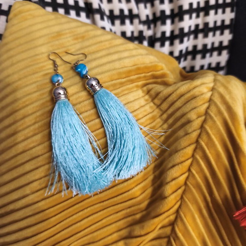 Long Tassel Earrings set of 2, handmade, red and turquoise