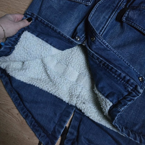 Denim jacket with sherpa parka and hood like new, blue