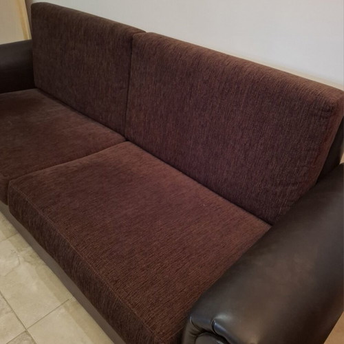 Three-seater sofa like new, genuine leather and fabric, walnut wood frame