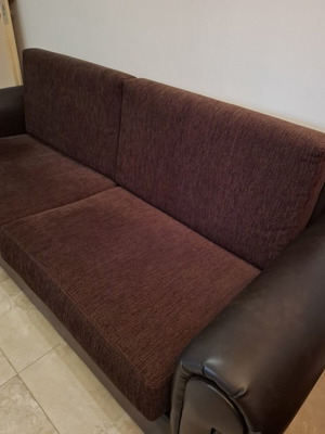 Three-seater sofa like new, genuine leather and fabric, walnut wood frame