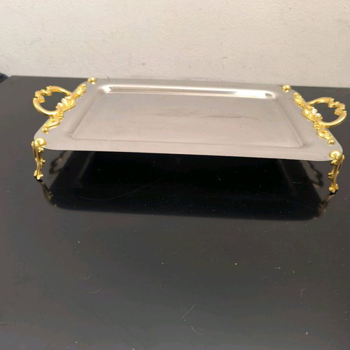 Inox serving tray from Iran like new with bronze handles and feet
