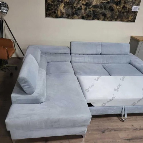 Light Blue Fabric Corner Sofa with Sleep Function and Storage Like New