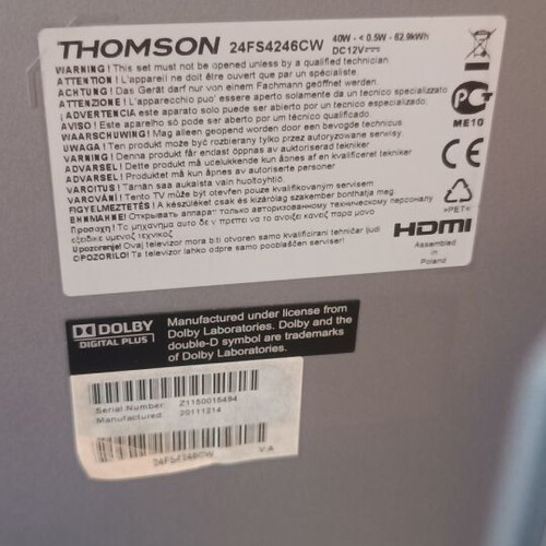 Thomson LED TV 24" white used, for repair or spare parts, USB HDMI