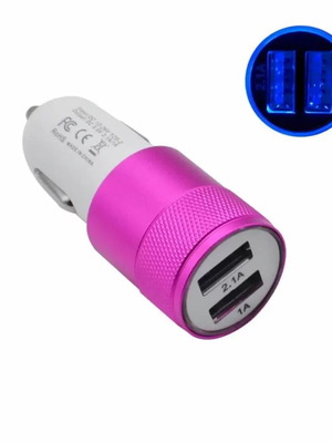 Car adapter metal pink with 2 USB ports DC5V new