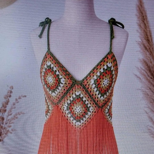 Handmade knitted top new, soft cotton, orange and green, size L