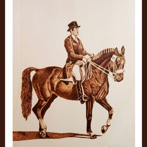 Pyrography painting Agonas Ippikis Dexiotexnias new on poplar wood