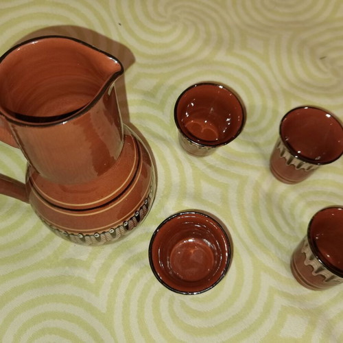 Authentic Bulgarian clay serving set used, jug and 4 cups
