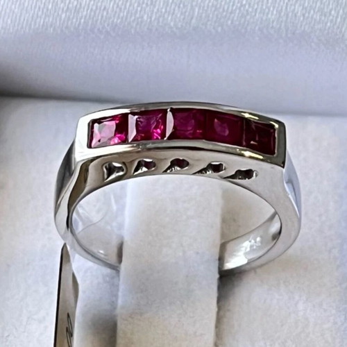 18K White Gold Half Band Ring with Princess Cut Rubies like new