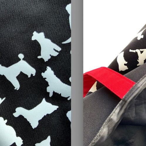 The WOOF Tote Bag new, black with white dog prints