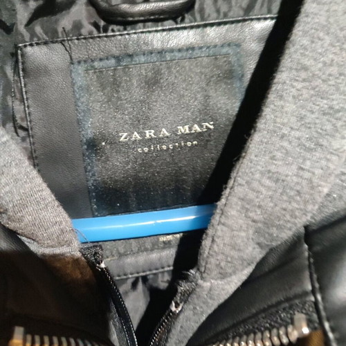 Zara Man faux leather men's jacket new, size XL, black with gray hood