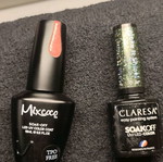 Semi-permanent nail polishes red glitter and green shimmer, new