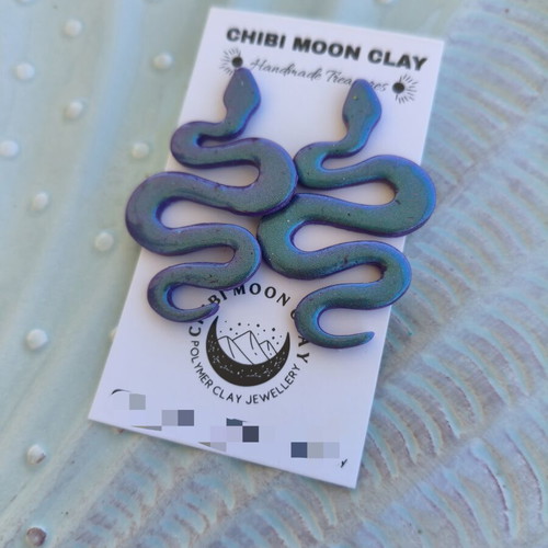 Snake earrings handmade, purple iridescent polymer clay