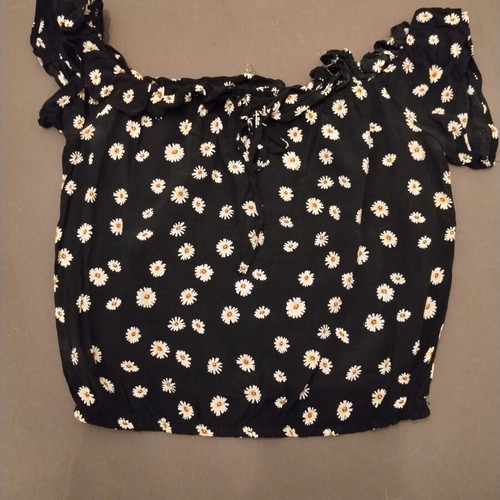 Bershka blouse with off-shoulder design, black with white daisies, size S
