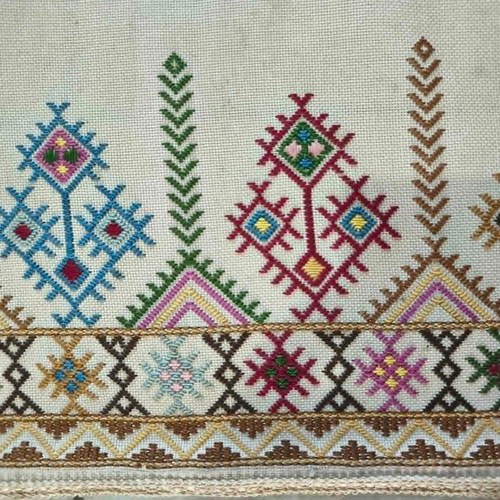 Folk Art Handmade Embroidered Fabric with Geometric Patterns used, 1m x 36cm