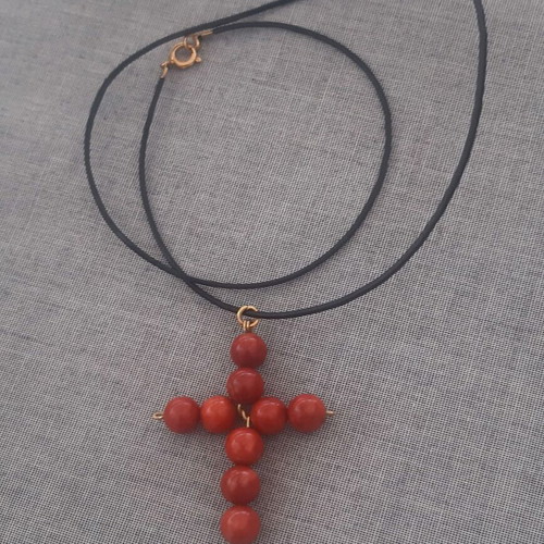 Miriam Cross with Natural Coral and Leather New, Handmade Gift Pouch
