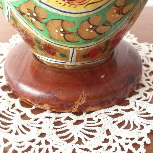 Vintage table lamp handmade from camel leather and wood, used