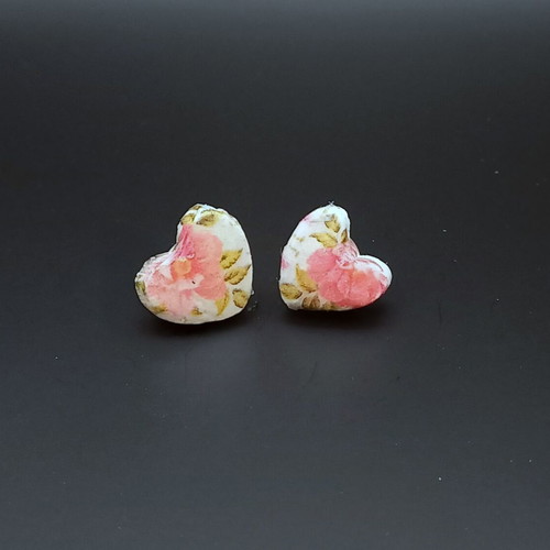 Handmade ceramic heart earrings with decoupage and glass coating, new