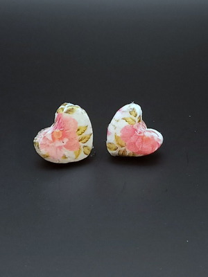 Handmade ceramic heart earrings with decoupage and glass coating, new