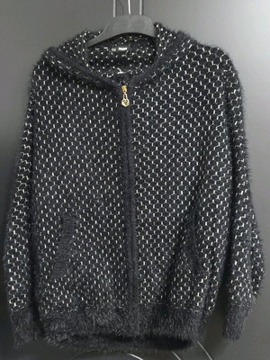 Jacket with hood fluffy like new, black and beige