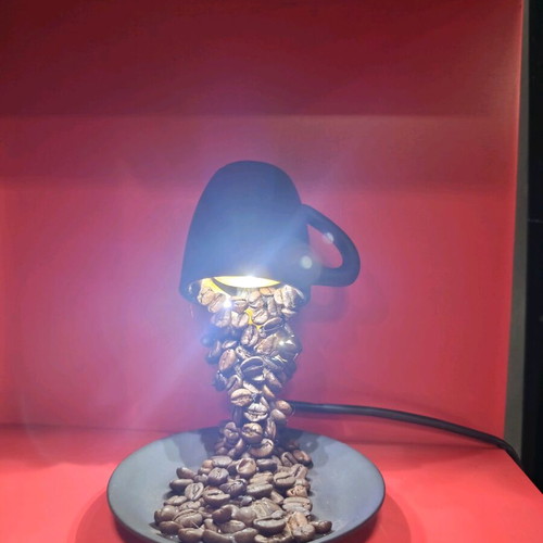Handmade table lamp with porcelain, coffee beans, and 12 LED lights