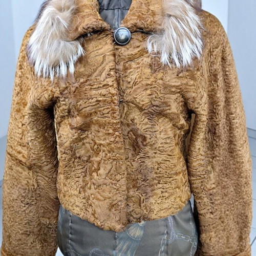 Swakara fur jacket with fox trim collar new, beige