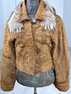 Swakara fur jacket with fox trim collar new, beige