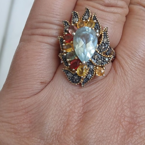 Ring with semiprecious stones, 9K gold, 925 silver and old cut diamonds, 17 mm