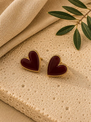 Burgundy heart earrings with gold outline, new
