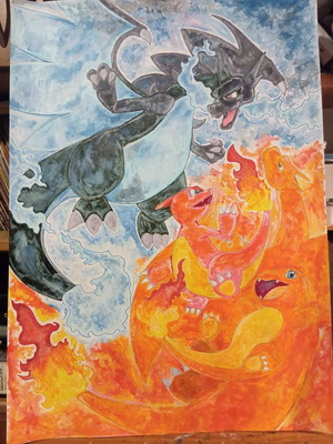 Pokemon Charmander Evolution Line drawing new with acrylic and ink