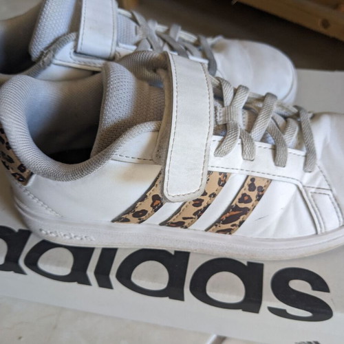 Adidas kids athletic shoes used with leopard design size 33 white