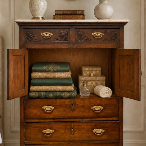1930 linen cabinet with white marble, Louis XVI and Art Deco style