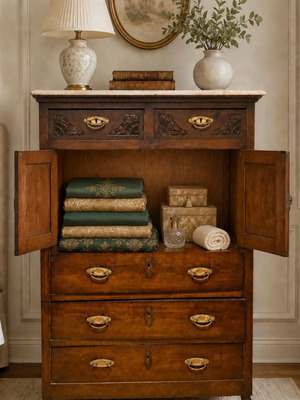 1930 linen cabinet with white marble, Louis XVI and Art Deco style