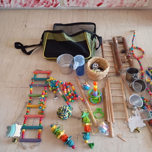 Bird accessories and toys set with transport bag like new