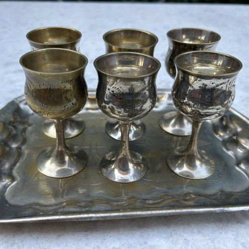 Vintage metal liqueur glasses set with tray